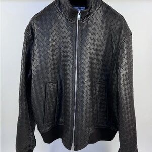 Bottega Veneta Black Intrecciato Leather Blouson Bomber Jacket